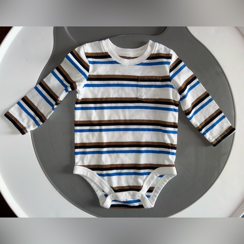 Okie Dokie Blue and Brown Striped Bodysuit with Pocket